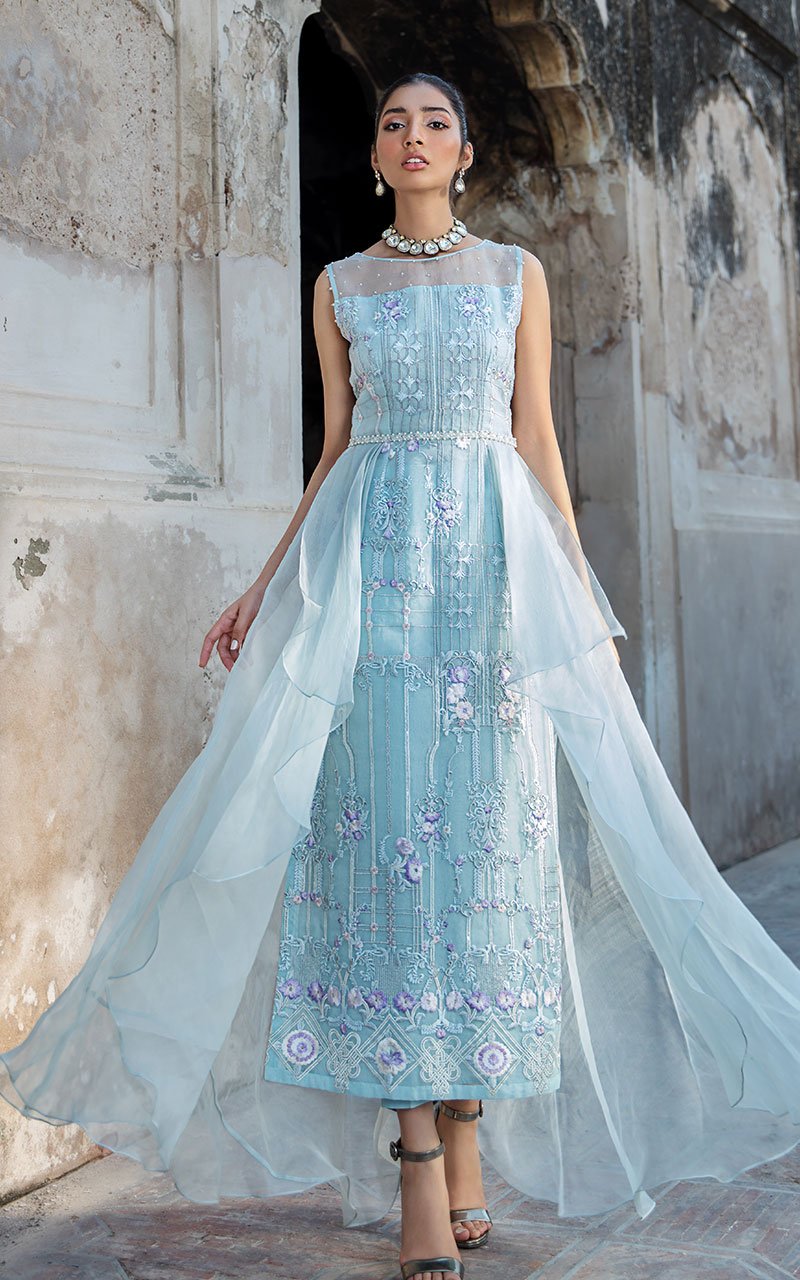 organza embroidery dress Yves Blue Organza and Chiffon Strapless Gown With Sapphire Fleur Embroidery