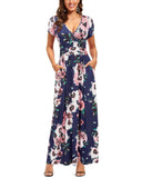 Blue Pink Floral Ladies Summer Casual V Neck Short Long Sleeve Floral Pattern Wrap Ladies Maxi Long Dress with Pockets - OUGES | Women's Evening Gowns