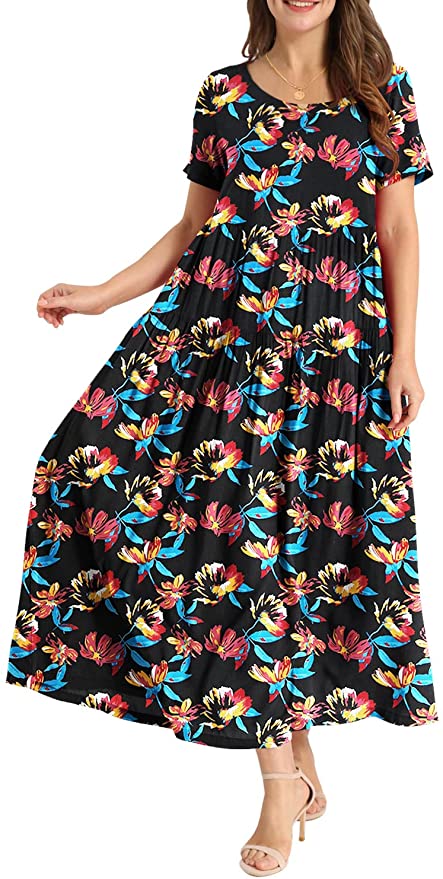 Black Multi Flower Women Casual Loose Bohemian Floral Dress with Pockets Short Sleeve Long Maxi Summer Beach Swing Dress - Yesno | Women's Casual Dresses