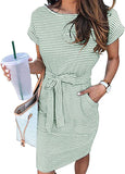 Mint Women's Summer Striped Short Sleeve T Shirt Dress Casual Tie Waist Midi Dress - MEROKEETY | Women's Casual Dresses
