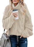 Beige Women's Turtleneck Balloon Long Sleeve Casual Loose Chunky Cable Knit Pullover Sweater Outerwear - FARYSAYS | Women's Sweaters