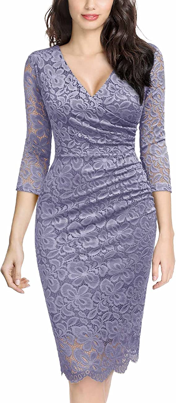 Heather Purple Women's Retro Deep-V Neck Ruffles Floral Lace Evening Pencil Dress - Miusol | Women's Cocktail Dresses