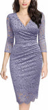 Heather Purple Women's Retro Deep-V Neck Ruffles Floral Lace Evening Pencil Dress - Miusol | Women's Cocktail Dresses