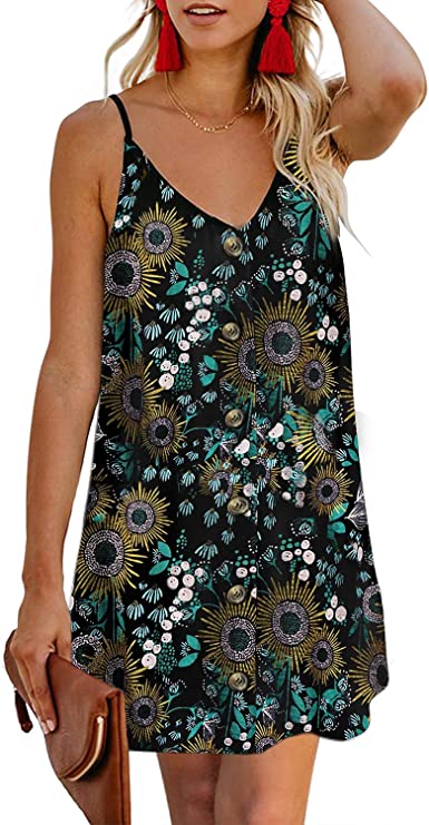 Floral Black Women Summer Spaghetti Strap Button Down V Neck Sleeveless Casual Mini Dress - AlvaQ | Women's Cocktail Dresses
