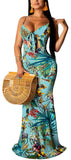 Light Blue Women's Summer Floral Spaghetti Strap Maxi Dresses Sexy V-Neck Beach Boho Tropical Long Sundress - HannahZone | Women's Casual Dresses