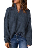 Blue Sweaters for Women Waffle Kint Long Sleeve Zip Pullover Polo V Neck Sweater for Women - EVALESS | Women's Sweaters