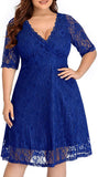 Royal Blue Women Lace V Neck Plus Size Half Sleeve Knee Length Cocktail Wedding Guest Swing Dress - Pinup | Women's Cocktail Dresses