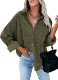 Green Leaf Womens Corduroy Button Down Shirts Boyfriend Long Sleeve Oversized Blouses Tops - Dokotoo