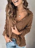 Brown Half Sleeve Women Pompom Button Down Shirt Casual Blouse Top - Astylish | Women's Tops and Blouses