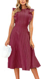 Wine Red Womens Dresses Elegant Ruffles Cap Sleeves Summer A-Line Midi Dress - ECOWISH | Women's Cocktail Dresses