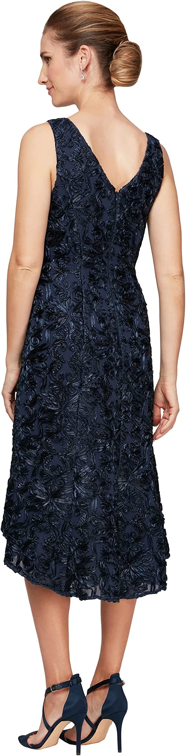 Dusty Blue Women's Tea Length Dress with Rosette Detail Petite and Regular - Alex Evenings | Women's Formal Dresses