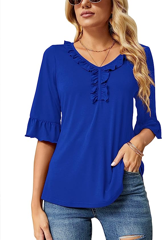 Royal Blue Casual V Neck T Shirts Loose Summer Tops Ruffle - Ivicoer | Women's Tops and Blouses