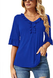 Royal Blue Casual V Neck T Shirts Loose Summer Tops Ruffle - Ivicoer | Women's Tops and Blouses