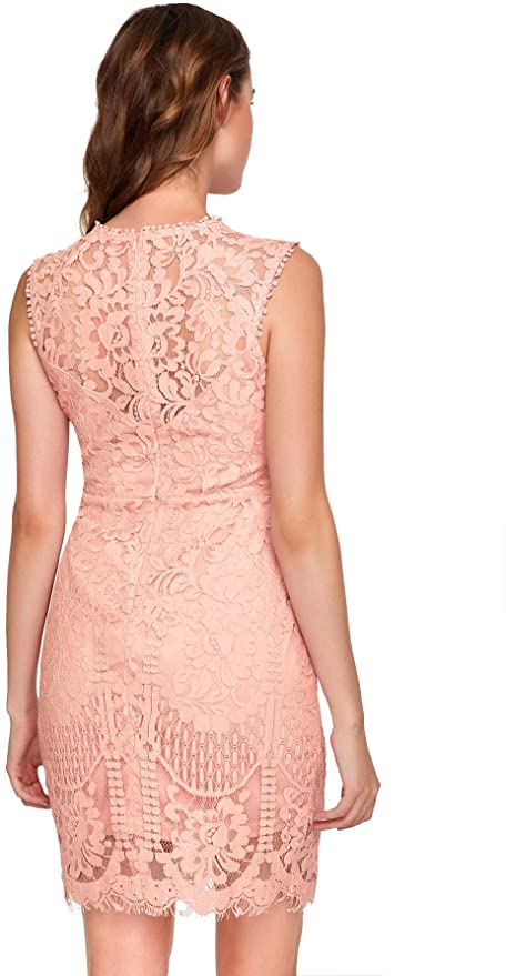 Pink Women's Sleeveless Scalloped Hem Fitted Floral Lace Bodycon Dress - Verdusa | Women's Cocktail Dresses