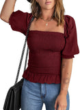 Wine Red Blouses for Women Puff Long Sleeve Square Neck Tops Off The Shoulder Floral - EVALESS | Women's Tops and Blouses