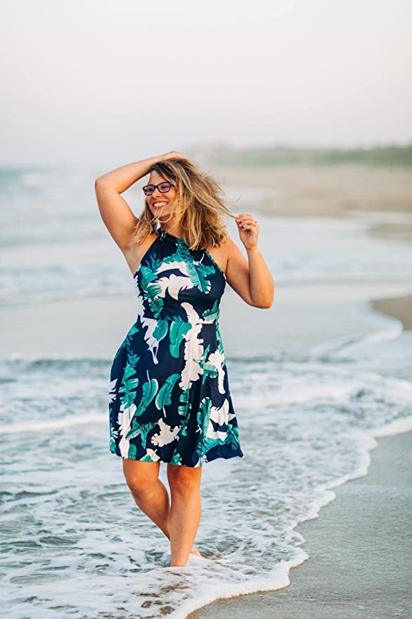 White Floral-6 Women's Halter Neck Floral Summer Casual Sundress - OUGES | Women's Casual Dresses