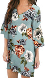 Lake Blue Peony Women's Dress Sweet & Cute V-Neck Bell Sleeve Shift Dress Mini Dress - BELONGSCI | Women's Casual Dresses