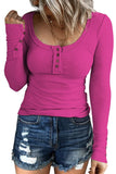 Hot Pink Women's Long Sleeve Shirts Casual Fall Henley Top Button Down Blouses Basic Ribbed Knit T Shirts - Kissfix | Women's Tops and Blouses