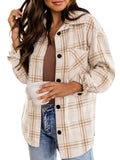Khaki Womens Casual Plaid Shirts Color Block Long Sleeve Lapel Button Jacket Coats with Pockets - LOGENE | Women's Coat & Jacket