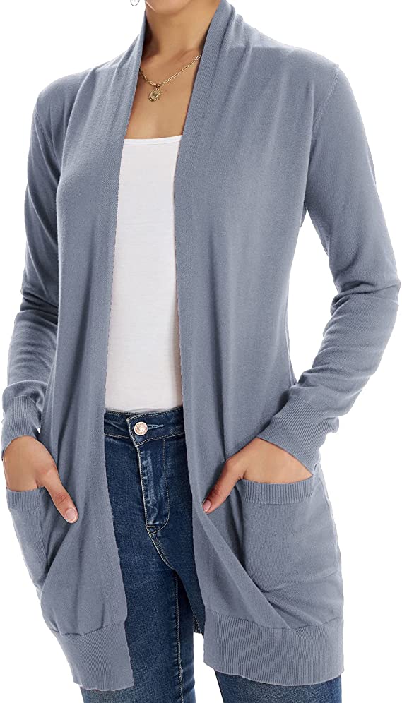 Light Blue Women Open Front Cardigan Sweaters Pockets Long Sleeve Shru Original Brand