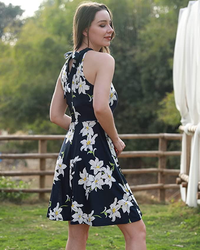 White Floral-29 Women's Halter Neck Floral Summer Casual Sundress - OUGES | Women's Casual Dresses