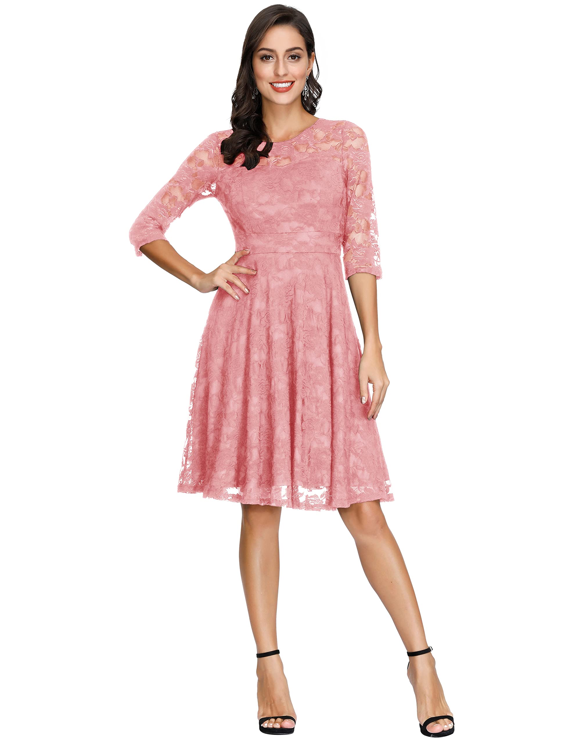 Light Pink Ladies Vintage Floral Cocktail Party Wedding Guest A Line Lace Dresses - JASAMBAC