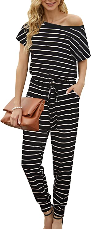Black Summer Jumpsuit Rompers Off Shoulder for Women with Pockets Casual Elastic Waist - KAY SINN | Women's Romper & Jumper Suit
