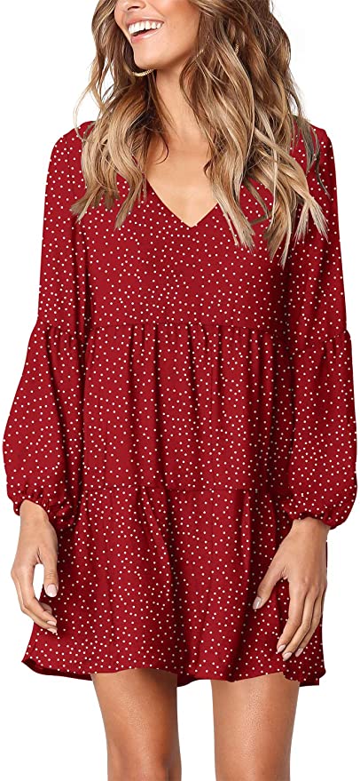 Polka Dot Red Long Sleeve Women Summer Tunic Dress V Neck Casual Loose Flowy Swing Shift Dresses - Amoretu | Women's Casual Dresses