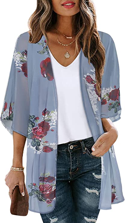 Purple Grey Women's Floral Print Puff Sleeve Kimono Cardigan Loose Cover Up Casual Blouse Tops - Chicgal | Women's Cardigan