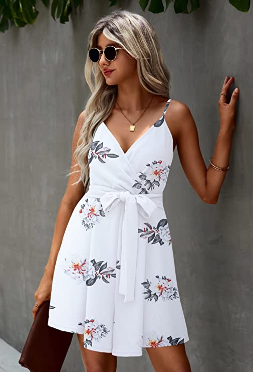 White Women's Sexy V Neck Printed Spaghetti Strap Beach Romper Shorts Jumpsuit - Angashion | Women's Cocktail Dresses