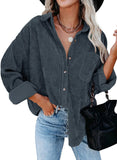 Dark Grey Womens Corduroy Button Down Shirts Boyfriend Long Sleeve Oversized Blouses Tops - Dokotoo | Women's Tops and Blouses