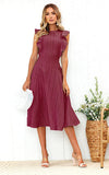 Wine Red Womens Dresses Elegant Ruffles Cap Sleeves Summer A-Line Midi Dress - ECOWISH | Women's Cocktail Dresses
