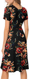 Brown Floral Black Crewneck Women Summer Casual Short Sleeve Dresses Empire Waist Dress With Pockets - Db Moon | Women's Casual Dresses