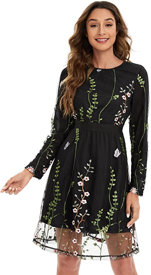 Solid Black Women's Floral Embroidery Mesh Round Neck Tunic Party Dress - Milumia | Women's Casual Dresses