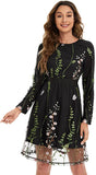 Solid Black Women's Floral Embroidery Mesh Round Neck Tunic Party Dress - Milumia | Women's Casual Dresses