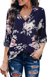 Dark Pink Womens 3/4 Cuffed Sleeve Chiffon Printed V Neck Casual Blouse Shirt Tops - Youtalia | Women's Tops and Blouses