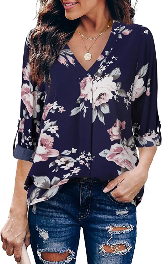 Ripple Black Womens 3/4 Cuffed Sleeve Chiffon Printed V Neck Casual Blouse Shirt Tops - Youtalia | Women's Tops and Blouses