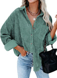 Sea Green Womens Corduroy Button Down Shirts Boyfriend Long Sleeve Oversized Blouses Tops - Dokotoo