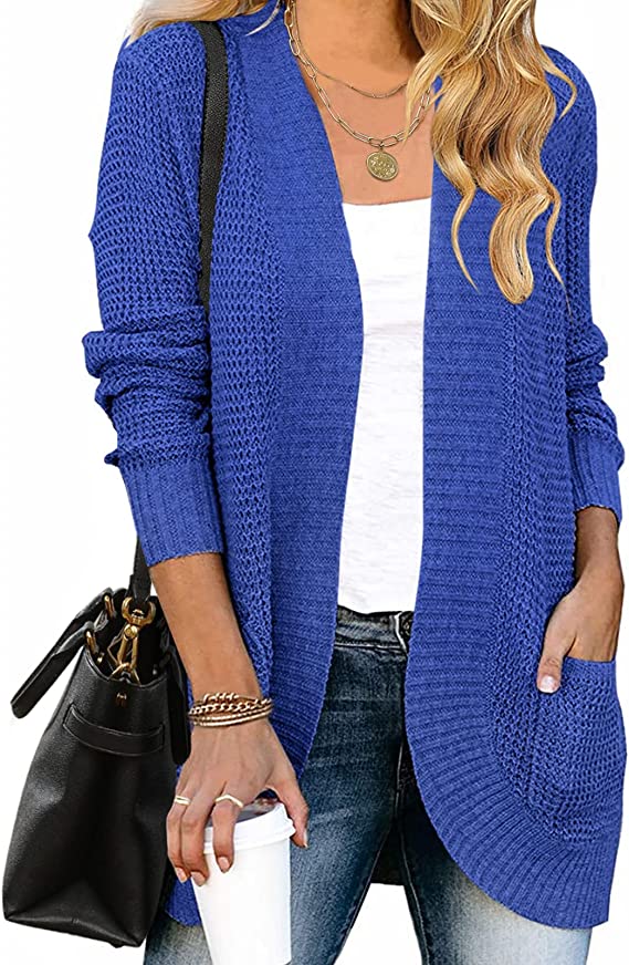 Blue Women's Long Sleeve Open Front Casual Lightweight Soft Knit Cardigan Sweater Outerwear - ZESICA | Women's Cardigan