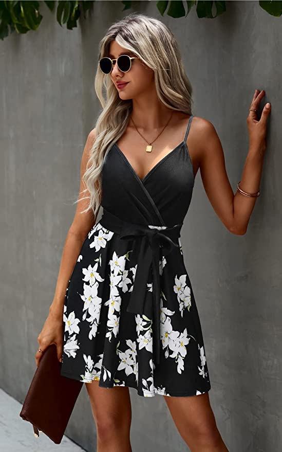 Black White Womens V-Neck Spaghetti Strap Bowknot Backless Sleeveless Lace Mini Swing Skater Dress - Ecowish | Women's Casual Dresses