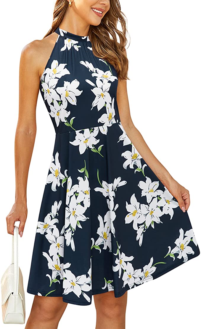 Blue Floral-7 Women's Halter Neck Floral Summer Casual Sundress - OUGES | Women's Casual Dresses