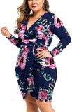 Floral Light Blue Womens Plus Size Long Sleeves & Sleeveless Deep V Neck Bodycon Wrap Dress With Front Slit - Laolasi