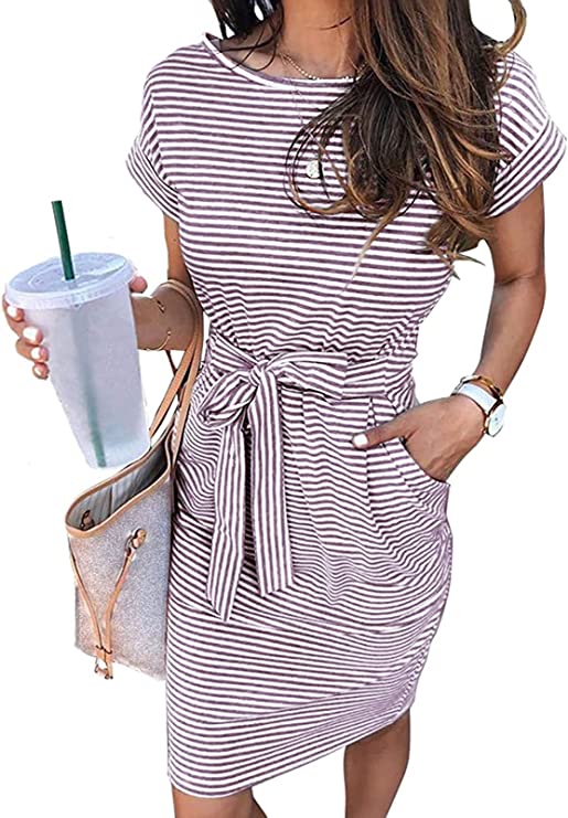 Purple Women's Summer Striped Short Sleeve T Shirt Dress Casual Tie Waist Midi Dress - MEROKEETY | Women's Casual Dresses