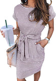 Purple Women's Summer Striped Short Sleeve T Shirt Dress Casual Tie Waist Midi Dress - MEROKEETY | Women's Casual Dresses