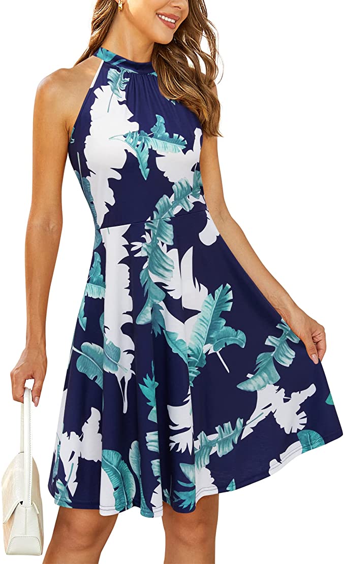 White Floral-6 Women's Halter Neck Floral Summer Casual Sundress - OUGES | Women's Casual Dresses