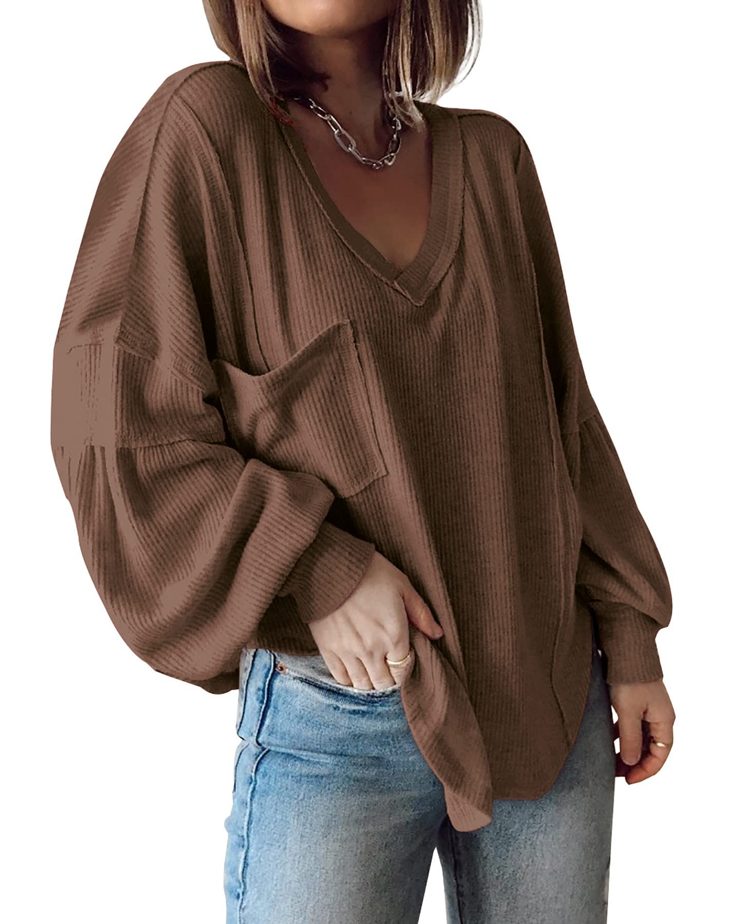 Solid Caramel Women's Casual V Neck Ribbed Knitted Shirts Pullover Tunic Tops Loose Balloon Sleeve Solid Color Blouses Top - BTFBM | Women's Tops and Blouses