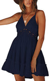 Navy Blue Womens V-Neck Spaghetti Strap Bowknot Backless Sleeveless Lace Mini Swing Skater Dress - Ecowish | Women's Casual Dresses
