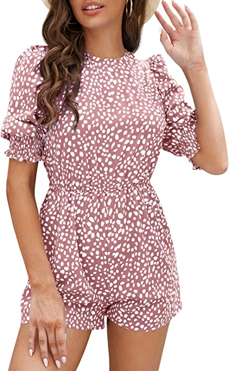 Pink Women's Crew Neck Beach Rompers Half Sleeve Elastic Wasit Dots Keyhole Summer Jumpsuit - DOBULO | Women's Romper & Jumper Suit