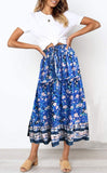 Blue Women's Bohemian Floral Printed Elastic Waist A Line Maxi Skirt with Pockets - ZESICA | Women's Casual Dresses