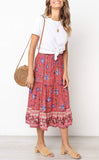 Floral Red Women's Bohemian Floral Printed Elastic Waist A Line Maxi Skirt with Pockets - ZESICA | Women's Casual Dresses